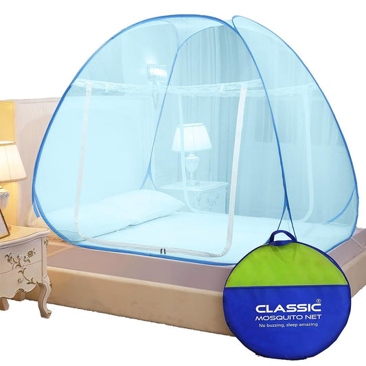 Classic Mosquito Net for Double Bed | King Size Foldable Machardani | Polyester 30GSM Strong Net | PVC Coated Corrosion Resistant Steel Wire - Blue