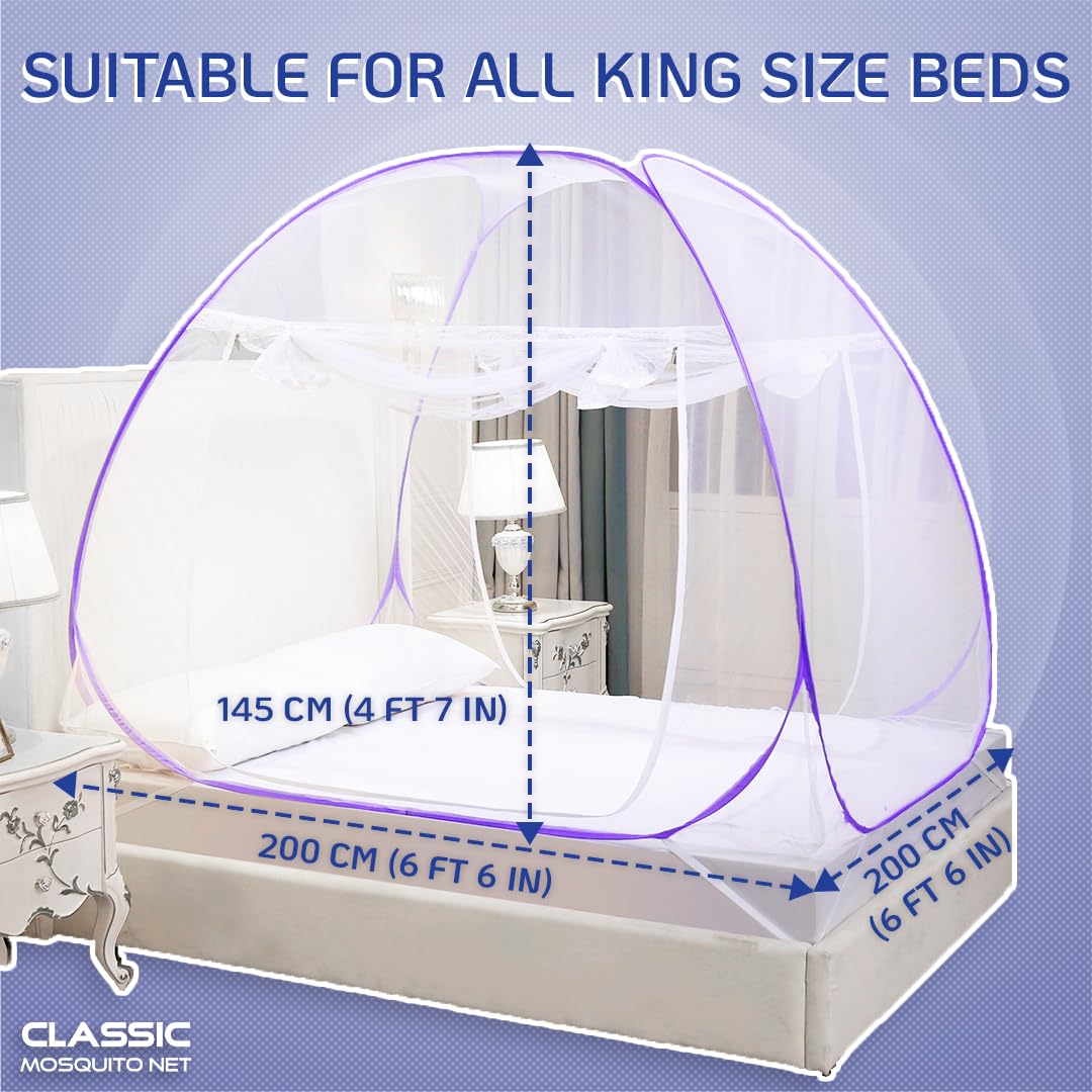 Classic Mosquito Net for Double Bed | King Size Foldable Machardani | Polyester 30GSM Strong Net | PVC Coated Corrosion Resistant Steel Wire - Blue