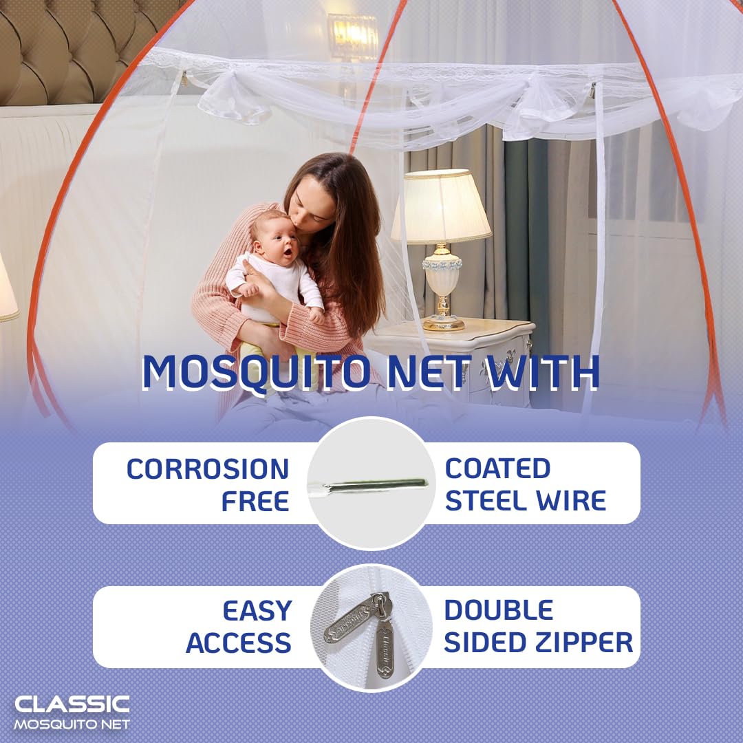 Classic Mosquito Net for Double Bed | King Size Foldable Machardani | Polyester 30GSM Strong Net | PVC Coated Corrosion Resistant Steel Wire - Blue