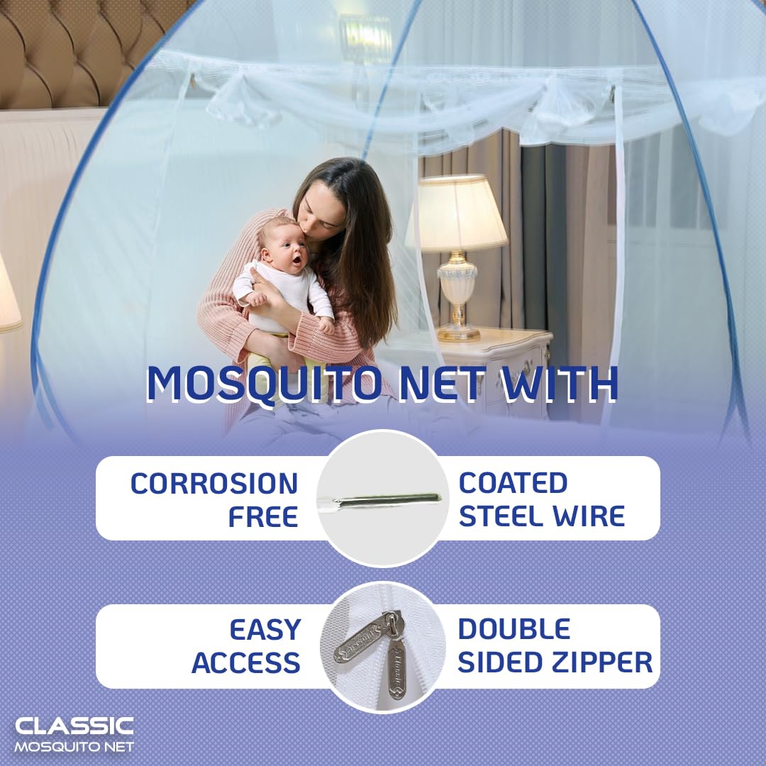 Classic Mosquito Net for Double Bed | King Size Foldable Machardani | Polyester 30GSM Strong Net | PVC Coated Corrosion Resistant Steel Wire - Blue