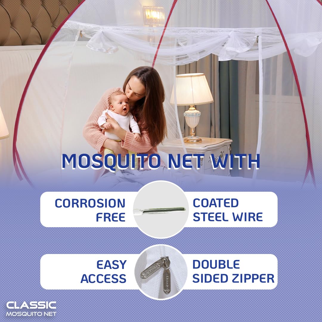 Classic Mosquito Net for Double Bed | King Size Foldable Machardani | Polyester 30GSM Strong Net | PVC Coated Corrosion Resistant Steel Wire - Blue