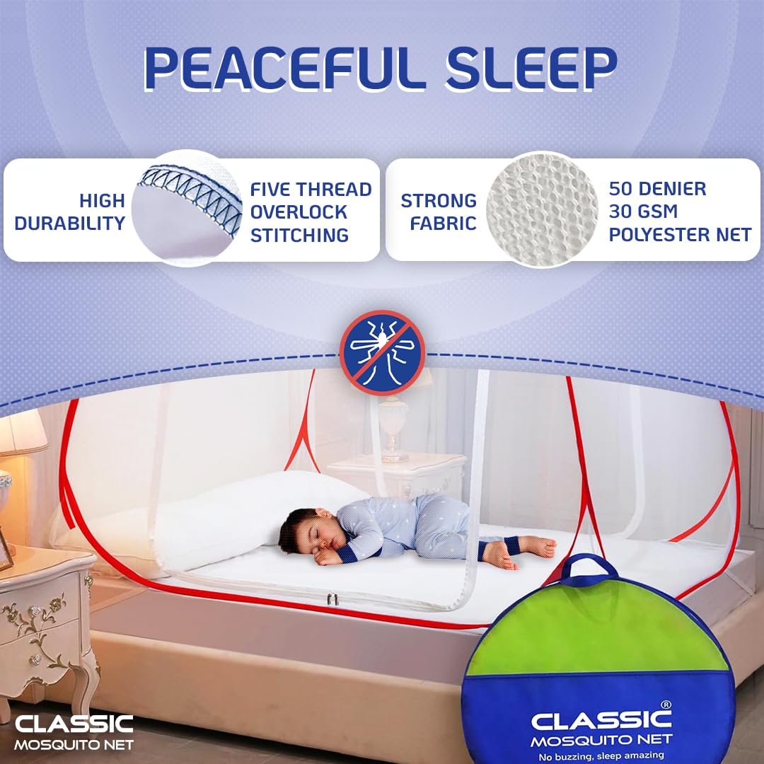 Classic Mosquito Net for Double Bed | King Size Foldable Machardani | Polyester 30GSM Strong Net | PVC Coated Corrosion Resistant Steel Wire - Blue
