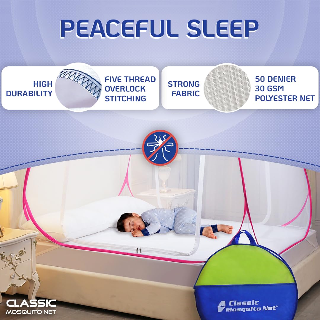 Classic Mosquito Net for Double Bed | King Size Foldable Machardani | Polyester 30GSM Strong Net | PVC Coated Corrosion Resistant Steel Wire - Blue