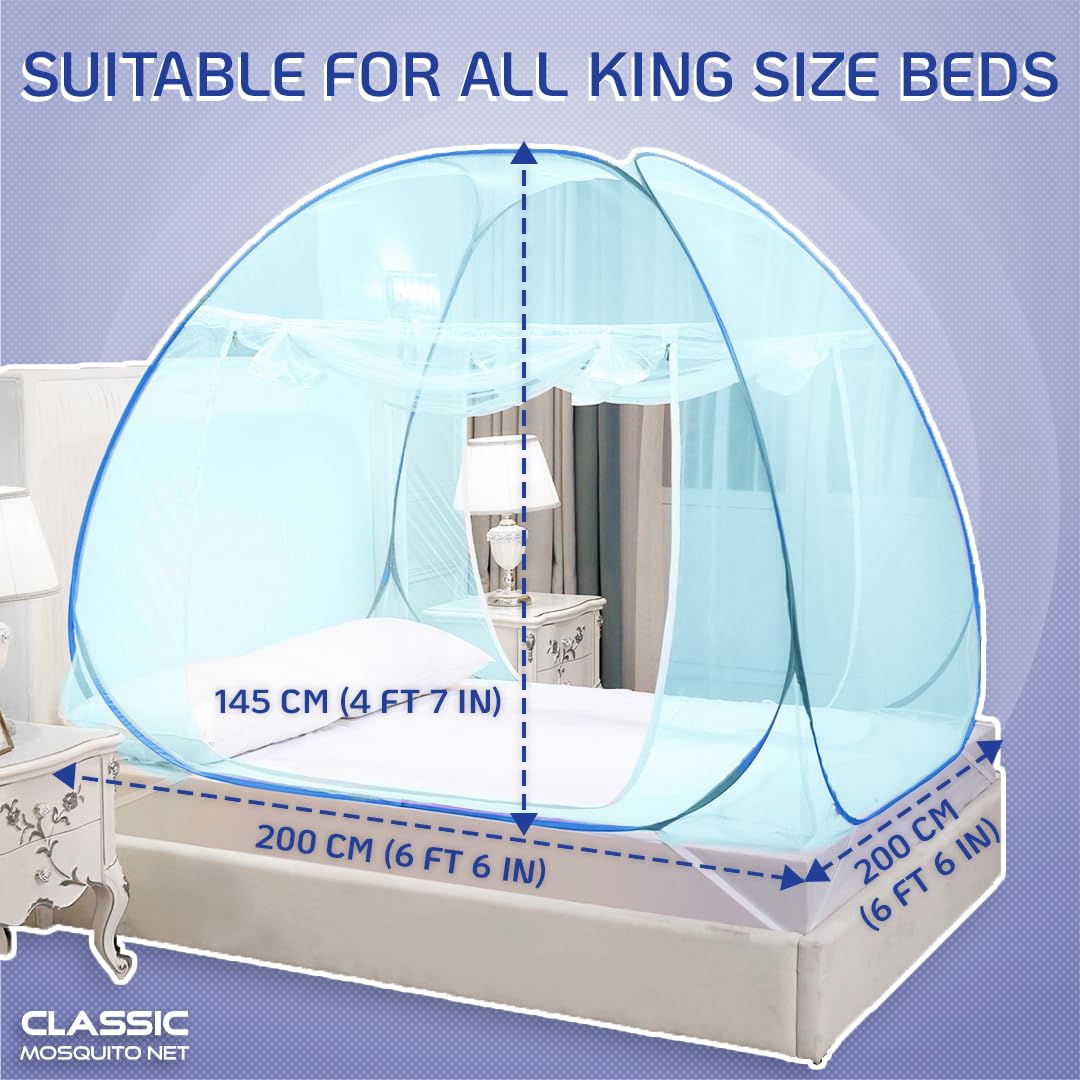 Classic Mosquito Net for Double Bed | King Size Foldable Machardani | Polyester 30GSM Strong Net | PVC Coated Corrosion Resistant Steel Wire - Blue