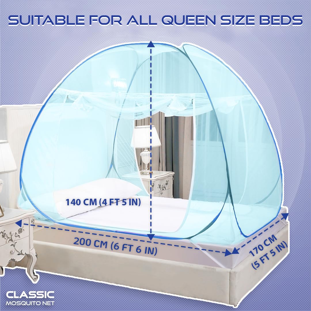 Classic Mosquito Net for Double Bed | King Size Foldable Machardani | Polyester 30GSM Strong Net | PVC Coated Corrosion Resistant Steel Wire - Blue