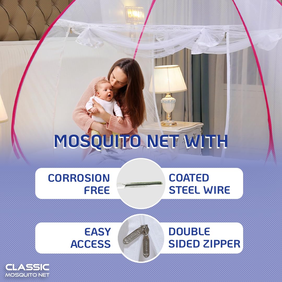 Classic Mosquito Net for Double Bed | King Size Foldable Machardani | Polyester 30GSM Strong Net | PVC Coated Corrosion Resistant Steel Wire - Blue