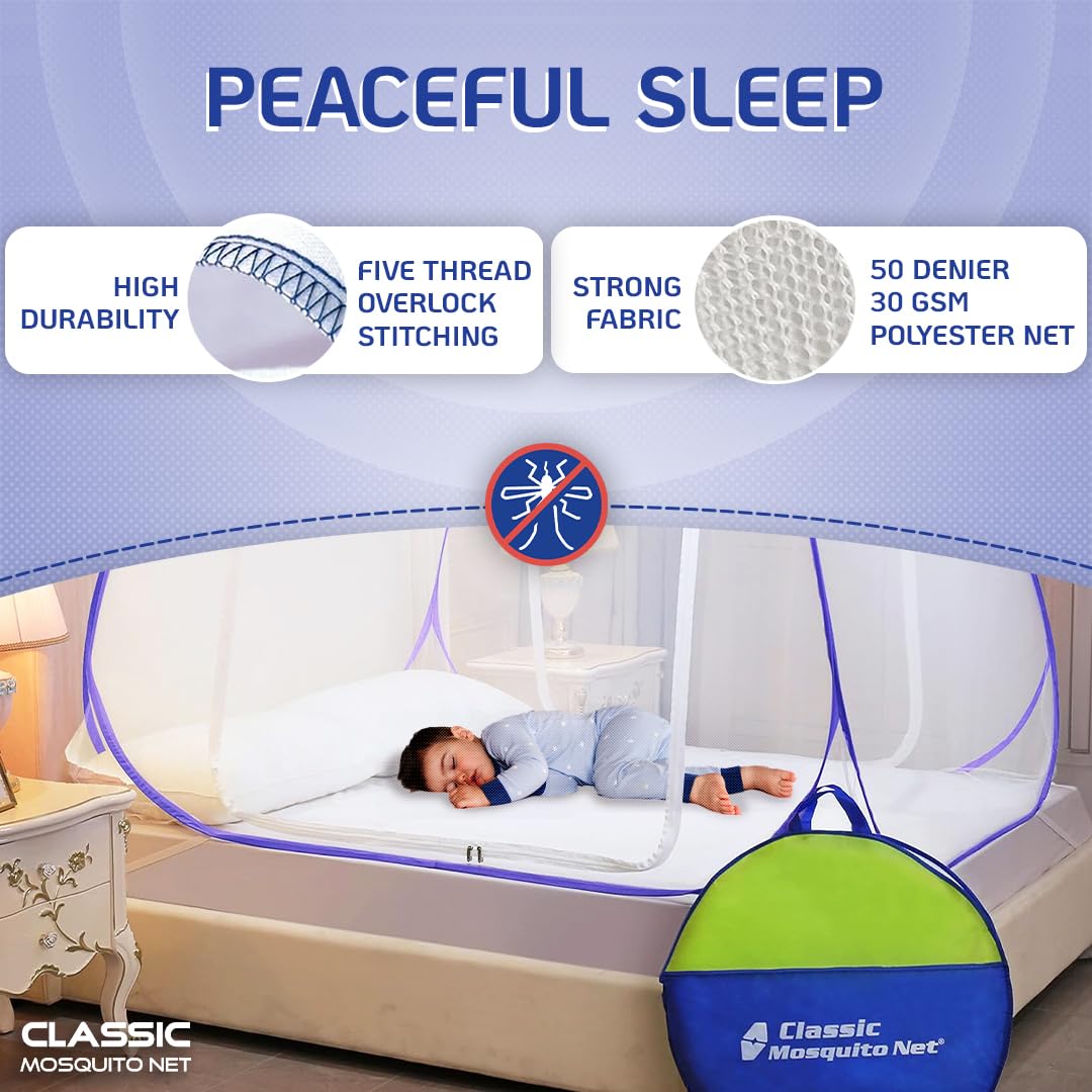 Classic Mosquito Net for Double Bed | King Size Foldable Machardani | Polyester 30GSM Strong Net | PVC Coated Corrosion Resistant Steel Wire - Blue