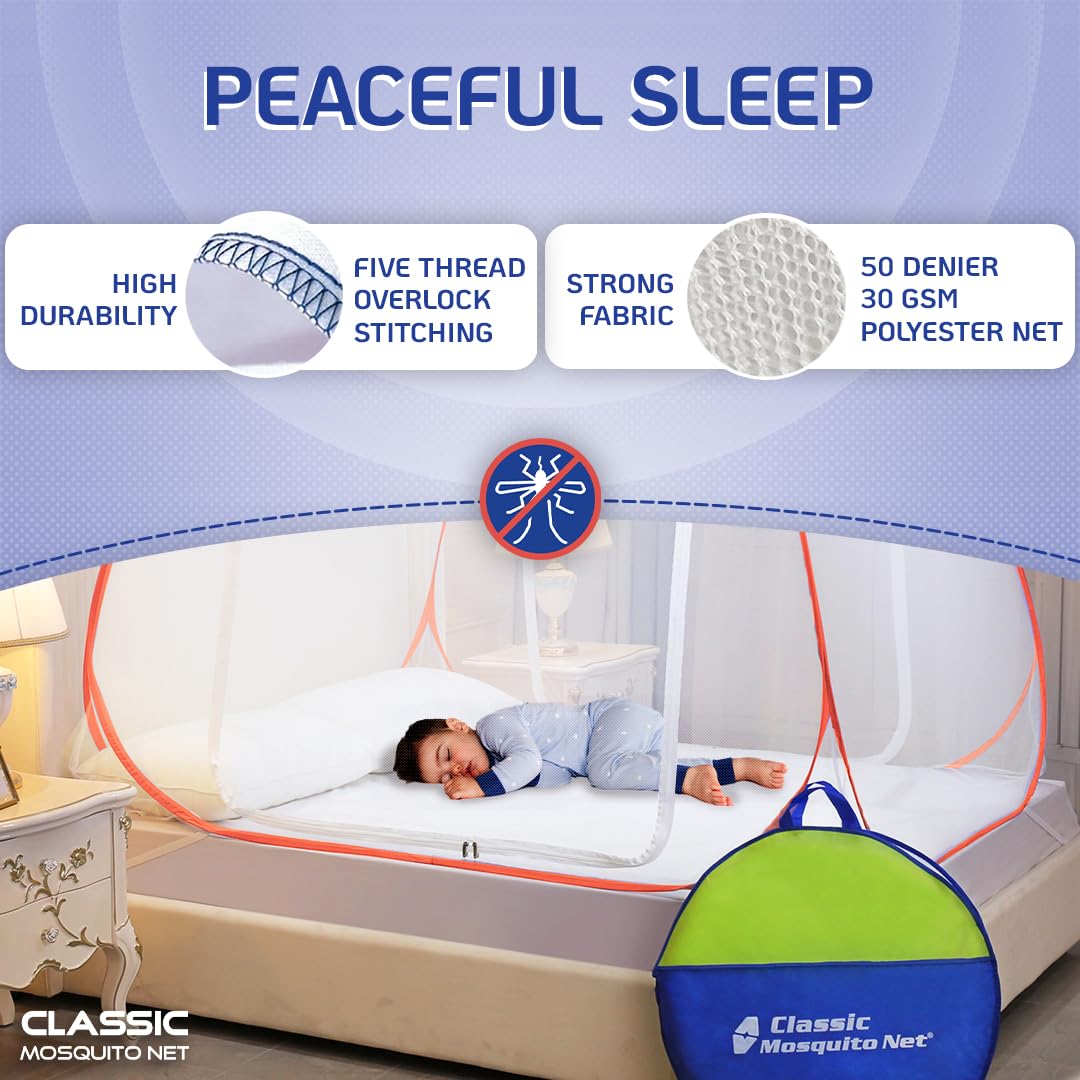 Classic Mosquito Net for Double Bed | King Size Foldable Machardani | Polyester 30GSM Strong Net | PVC Coated Corrosion Resistant Steel Wire - Blue
