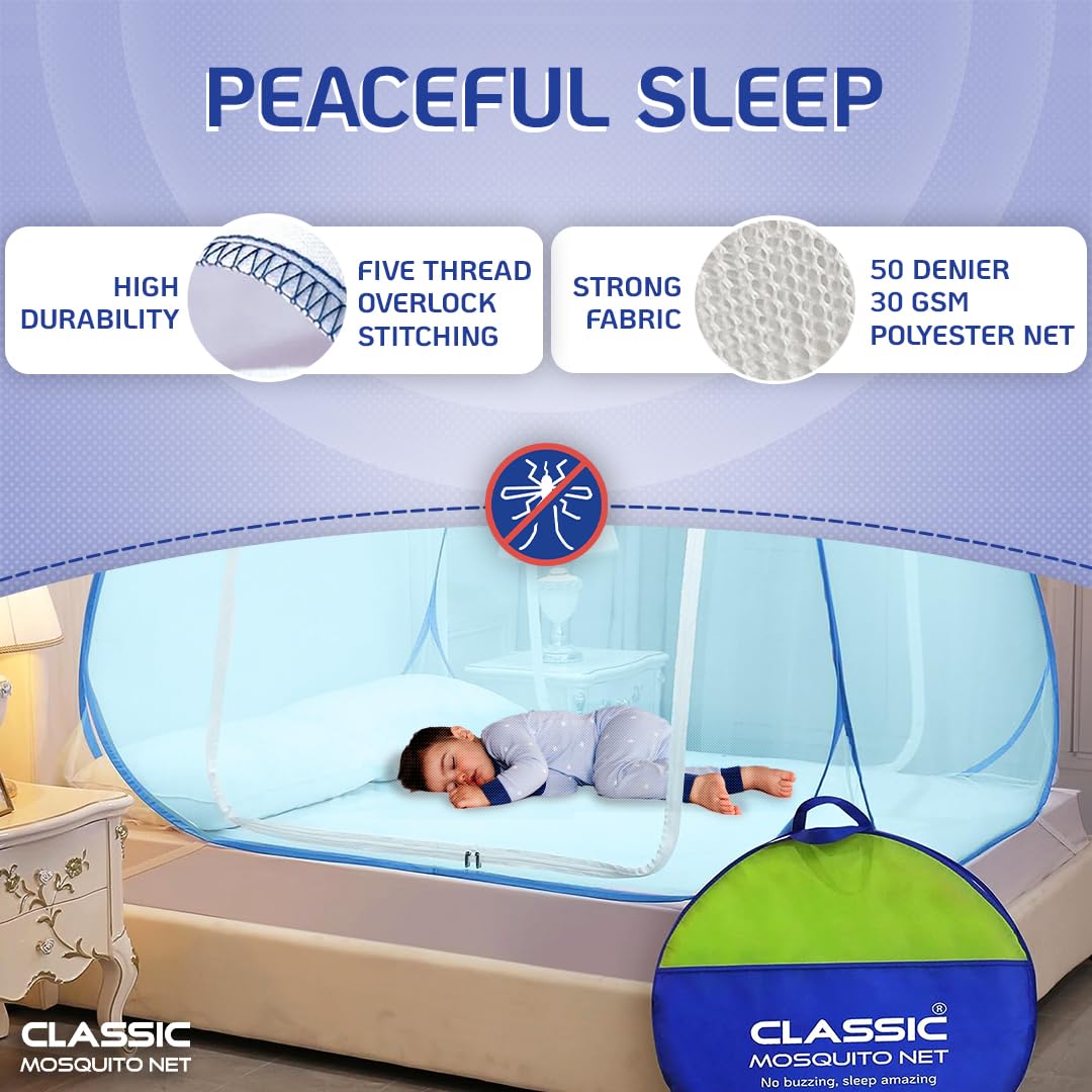 Classic Mosquito Net for Double Bed | King Size Foldable Machardani | Polyester 30GSM Strong Net | PVC Coated Corrosion Resistant Steel Wire - Blue