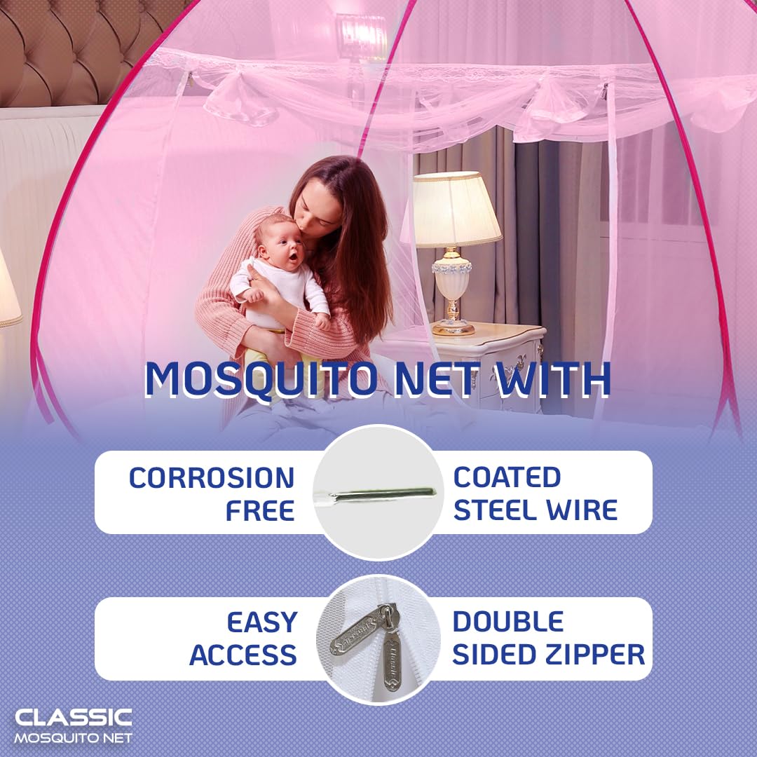 Classic Mosquito Net for Double Bed | King Size Foldable Machardani | Polyester 30GSM Strong Net | PVC Coated Corrosion Resistant Steel Wire - Blue