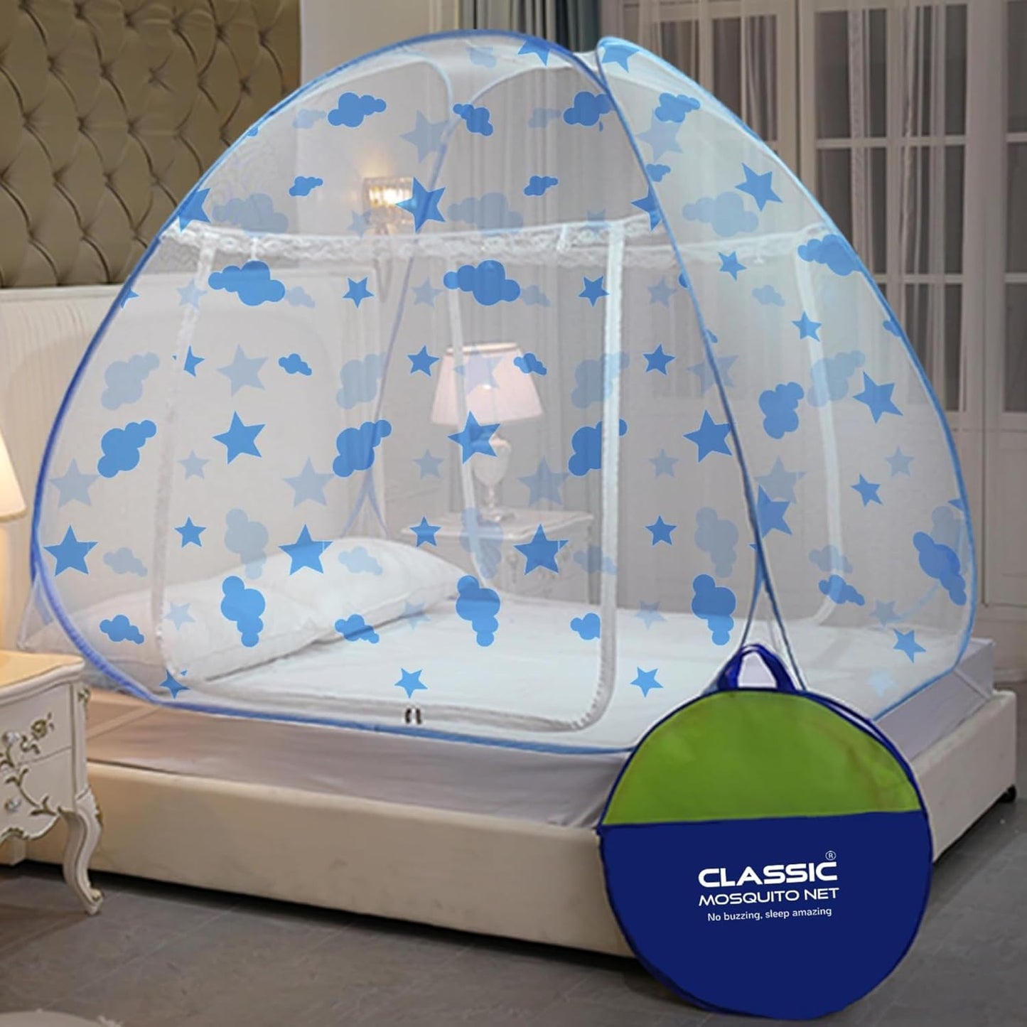 Classic Mosquito Net for Double Bed | King Size Foldable Machardani | Polyester 30GSM Strong Net | PVC Coated Corrosion Resistant Steel Wire - Blue