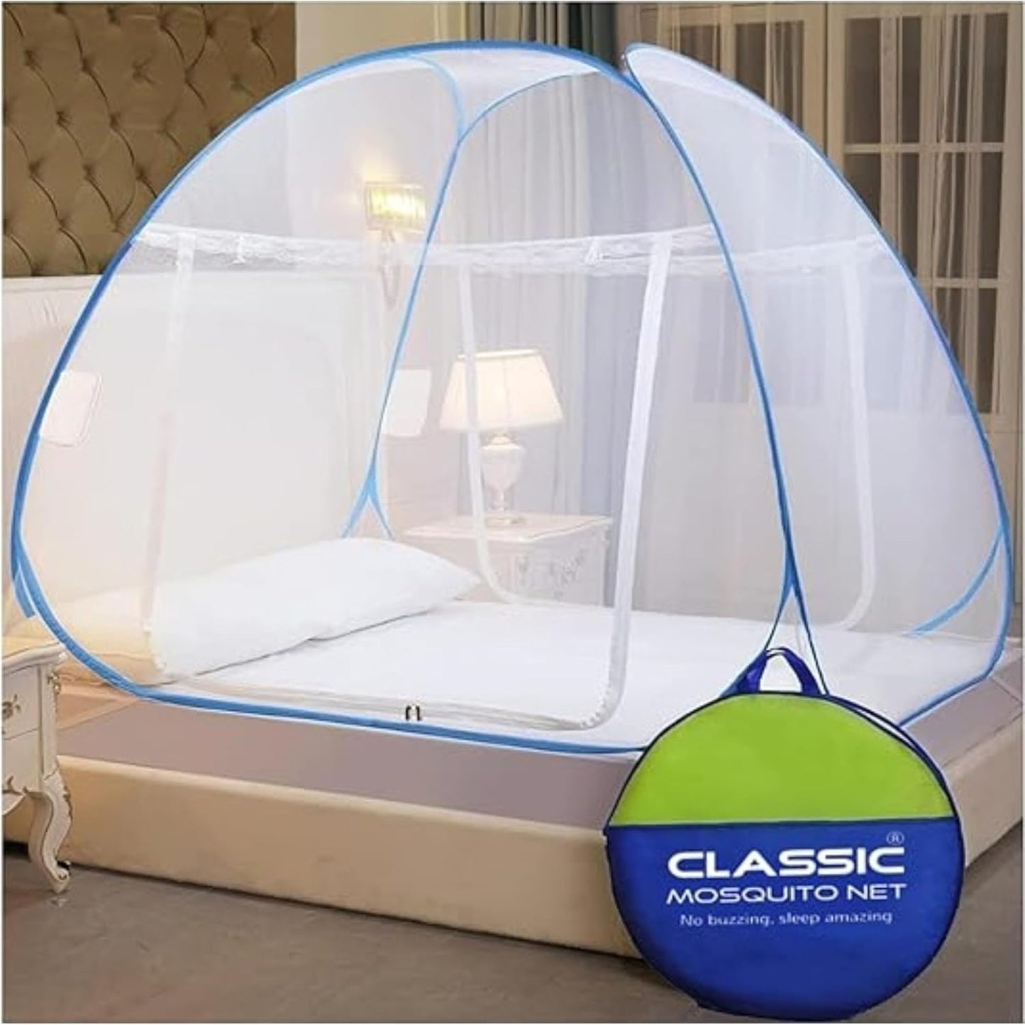 Classic Mosquito Net for Double Bed | King Size Foldable Machardani | Polyester 30GSM Strong Net | PVC Coated Corrosion Resistant Steel Wire - Blue
