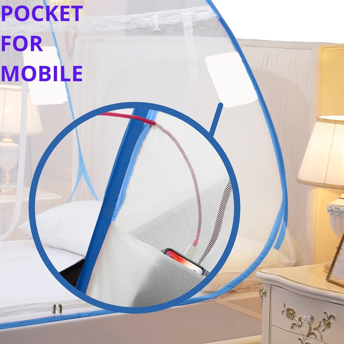 Classic Mosquito Net for Double Bed | King Size Foldable Machardani | Polyester 30GSM Strong Net | PVC Coated Corrosion Resistant Steel Wire - Blue
