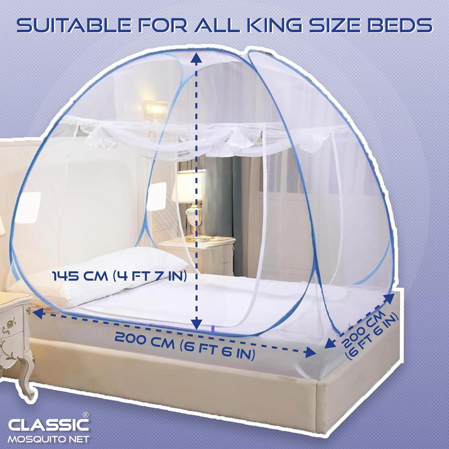 Classic Mosquito Net for Double Bed | King Size Foldable Machardani | Polyester 30GSM Strong Net | PVC Coated Corrosion Resistant Steel Wire - Blue