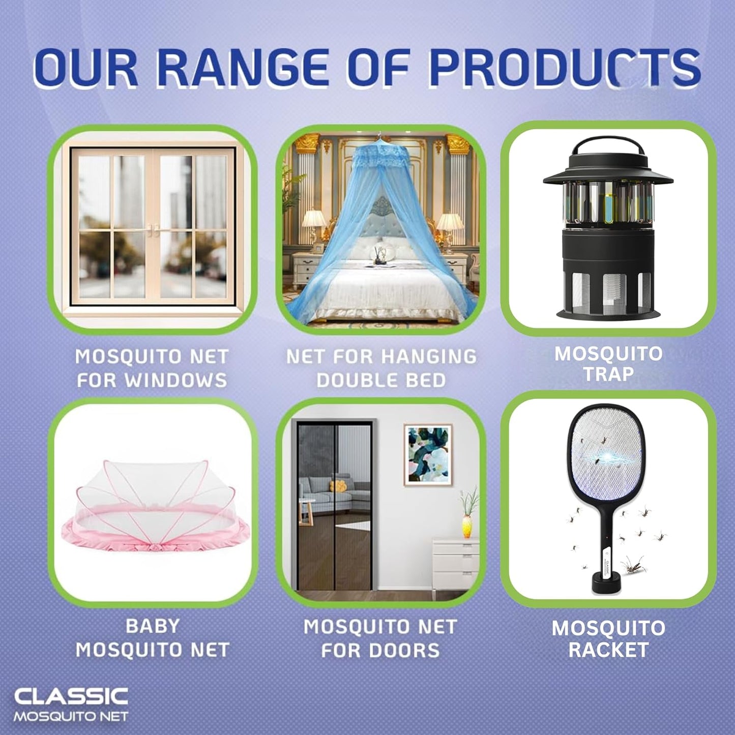 Classic Mosquito Net for Double Bed | King Size Foldable Machardani | Polyester 30GSM Strong Net | PVC Coated Corrosion Resistant Steel Wire - Blue